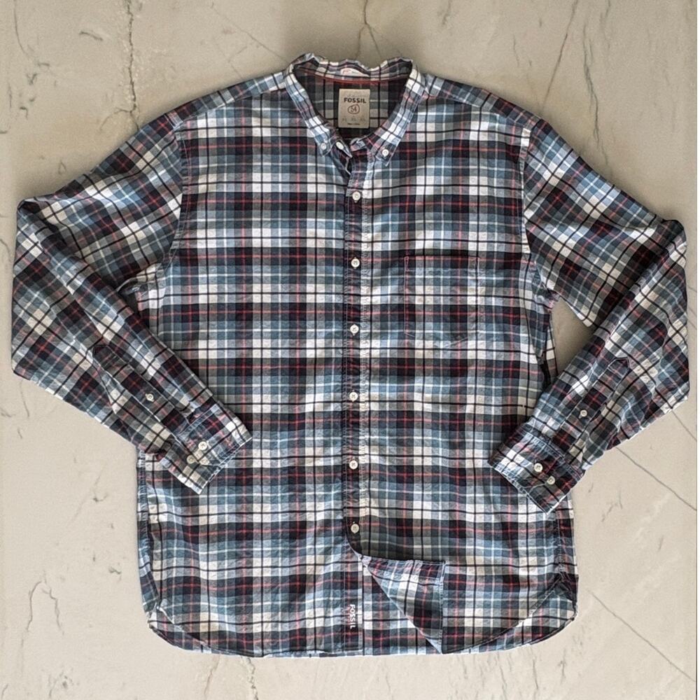 Fossil Red White and Blue Plaid Button Down Shirt in 100% Cotton Men Size XL